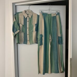 Green, blue, and cream linen/cotton set